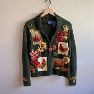 Vintage Fall Themed Embroidered Zip Up Sweater